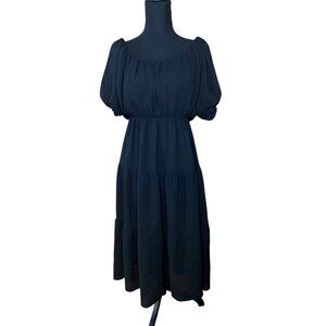 ASTR The Label Black Midi Dress WOMEN S BLACK Puff Sleeves & Smocked Waist